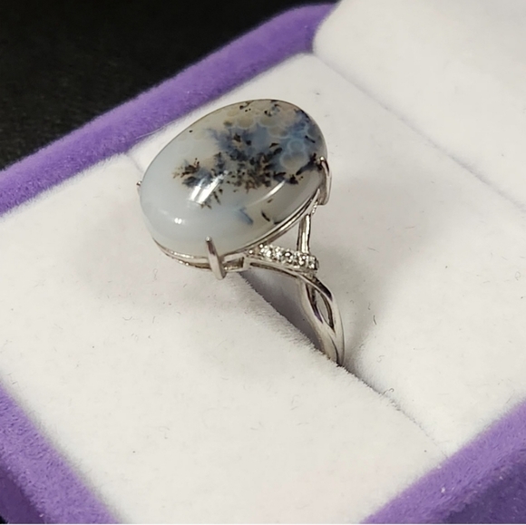 S925 Dendritic Blue agate ring adjustable size band - Picture 4 of 10